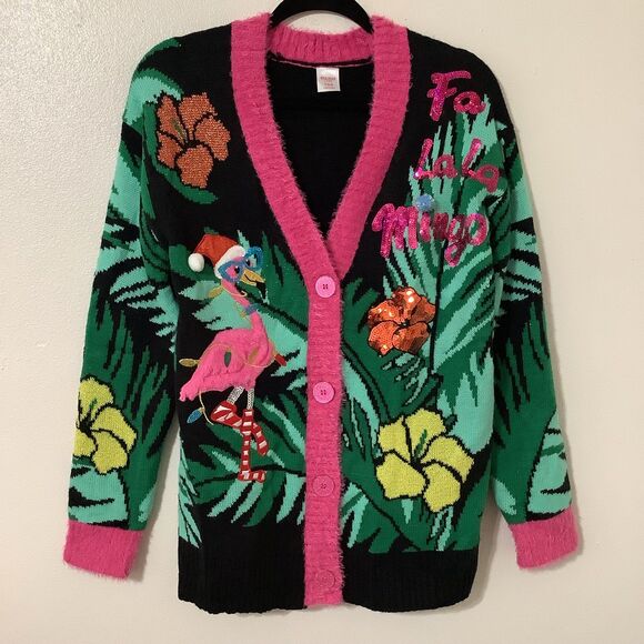 Holiday Time Fa La La Flamingo Kitsch Ugly Colorful Christmas Sweater Cardigan S - Picture 1 of 12